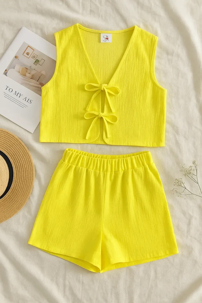 Limon sarısı renkte kadın keten alt-üst takım; açık zemin üzerinde hasır şapka, kitap ve kuru çiçeklerle birlikte sergilenmiş.