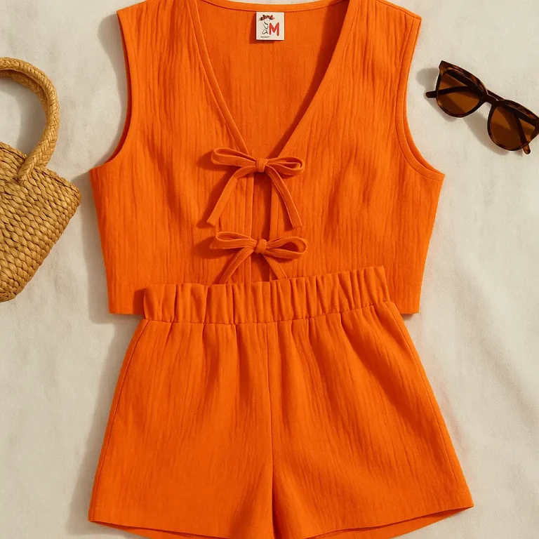 Canlı portakal tonlarında kadın keten alt-üst takım; yelek ve şort kombinasyonu, hasır çanta ve güneş gözlüğüyle düz zeminde sergilenmiş.