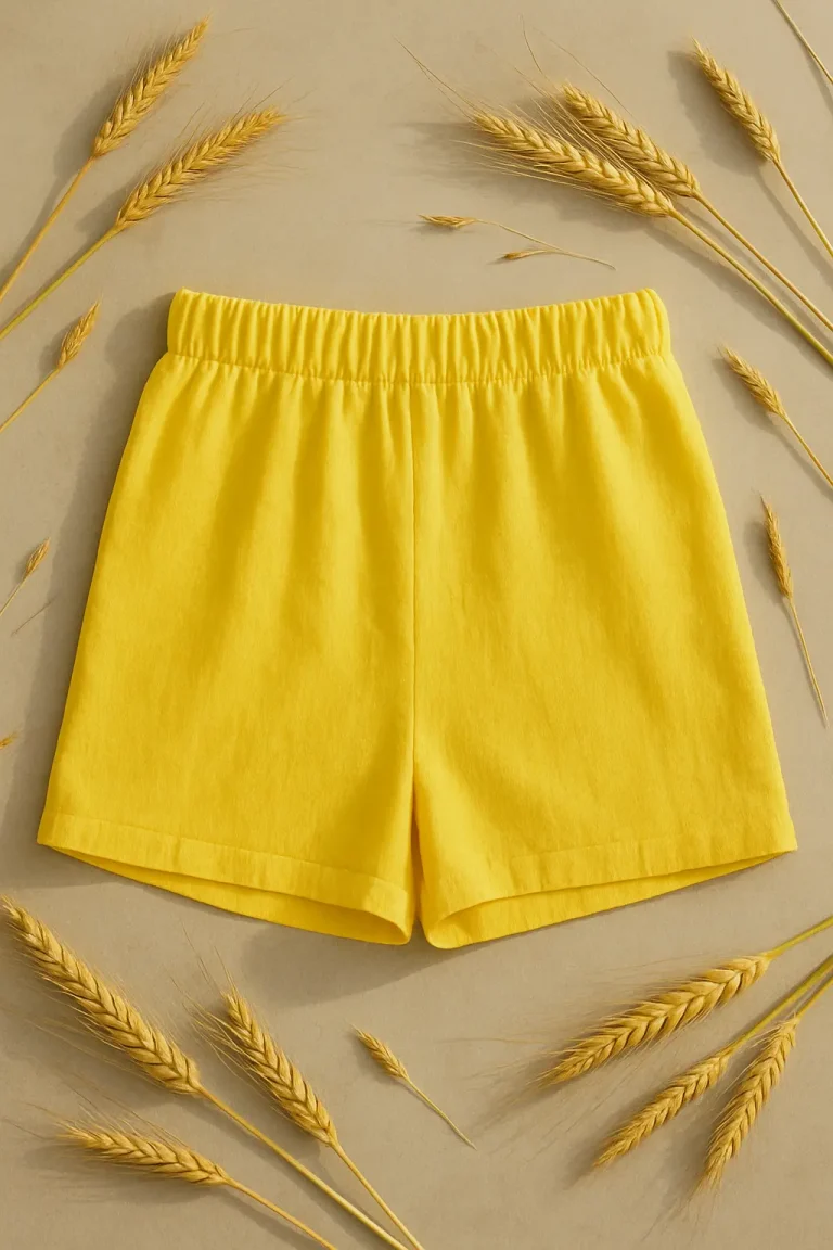 Buğday başaklarıyla çevrelenmiş, düz zemin üzerinde sergilenen sarı keten kadın şort.