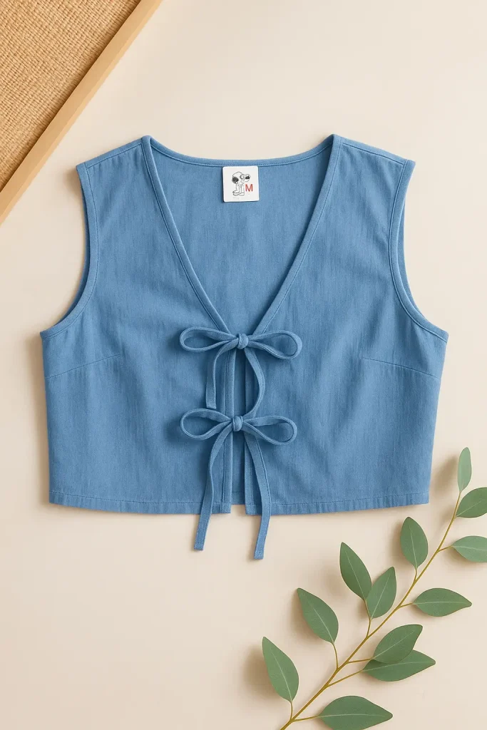 Açık mavi tonlarında, ön kısmı iki fiyonklu kadın keten yeleği; sade zemin ve okaliptüs dalı eşliğinde sergilenmiş.