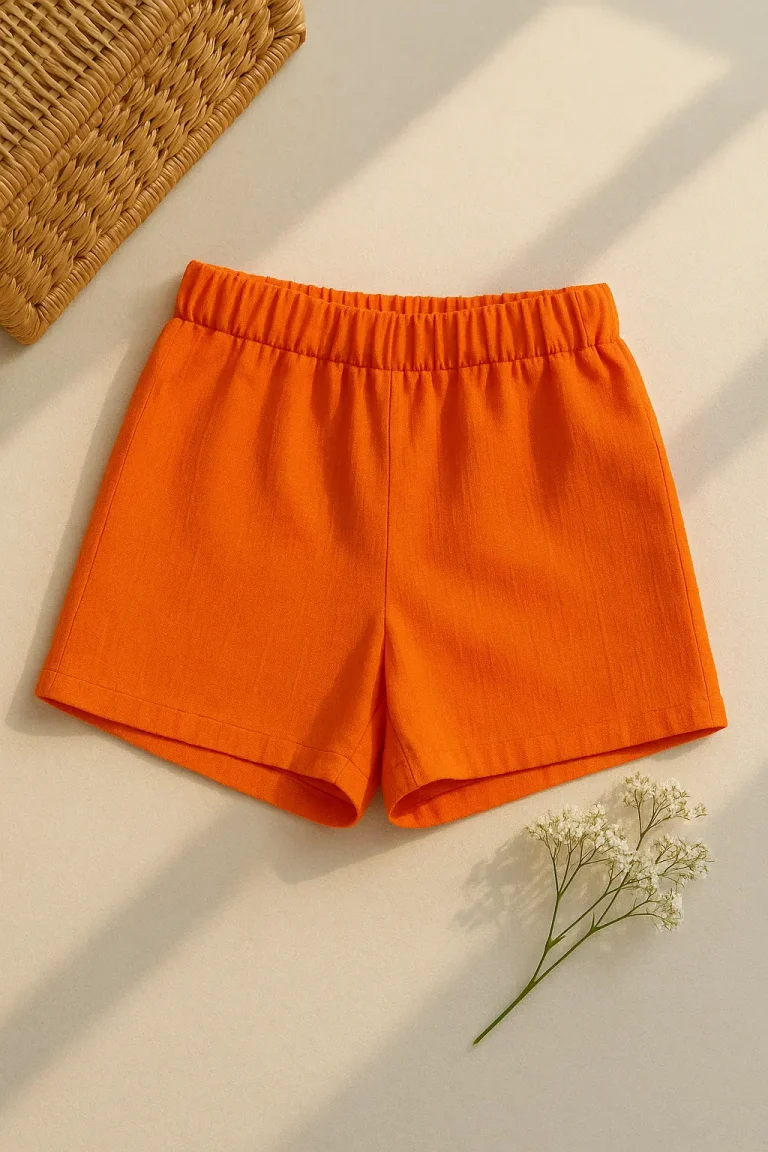 Canlı turuncu renkte kadın keten şort, düz bej zemin üzerinde hasır kutu ve beyaz kuru çiçekle birlikte sergilenmiş.