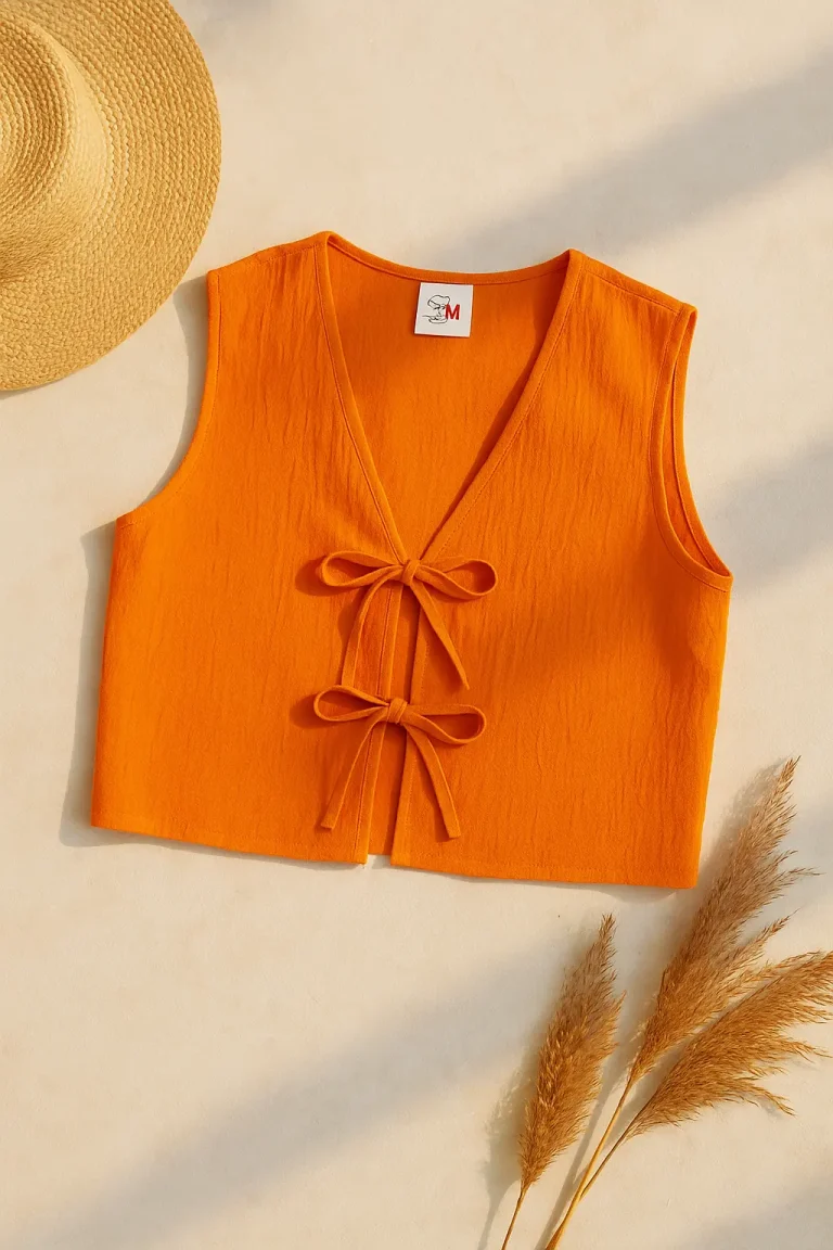 Turuncu keten kadın yeleği, iki fiyonk detayıyla düz bir zeminde, yanında hasır şapka ve kuru pampas otlarıyla birlikte sergilenmiş.