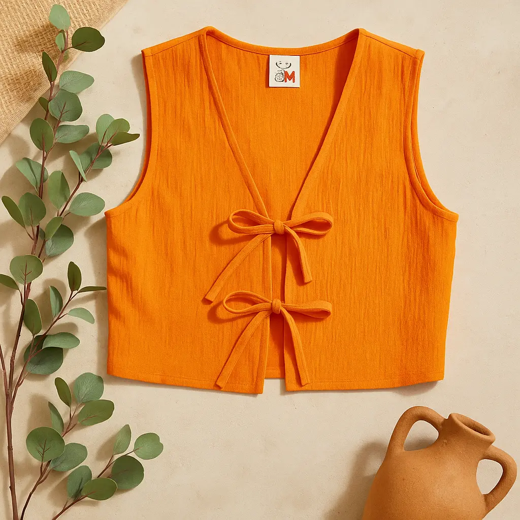 Turuncu renkli, iki fiyonk detaylı keten kadın yeleği; doğal taş sürahi, yeşil yapraklı dal ve jüt kumaş eşliğinde sergilenmiş.