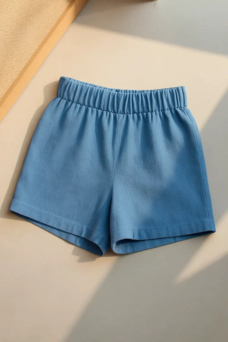 Okyanus mavisi renkli, elastik bel kısmına sahip kadın keten şort; sade zemin üzerinde doğal ışıkta sergilenmiş.