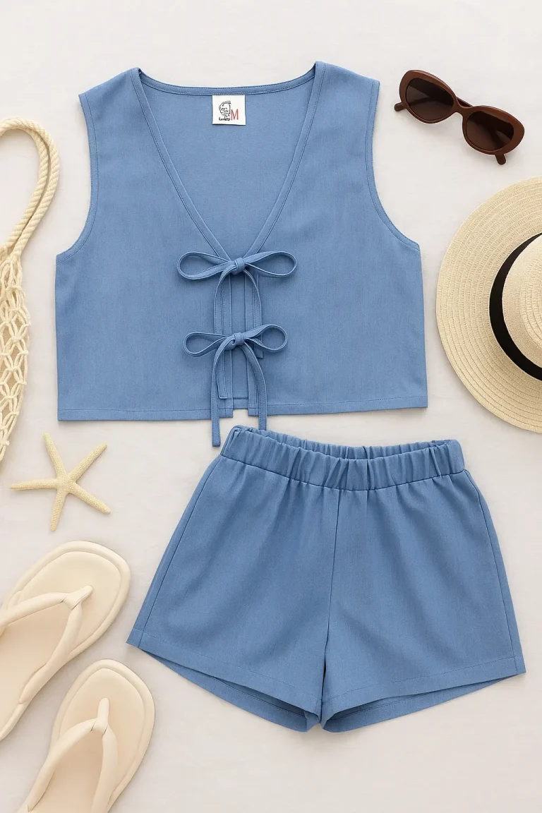 Okyanus mavisi tonlarında kadın keten alt-üst takımı; plaj konseptli aksesuarlar (şapka, terlik, gözlük, deniz yıldızı) ile birlikte düz zeminde sergilenmiş.