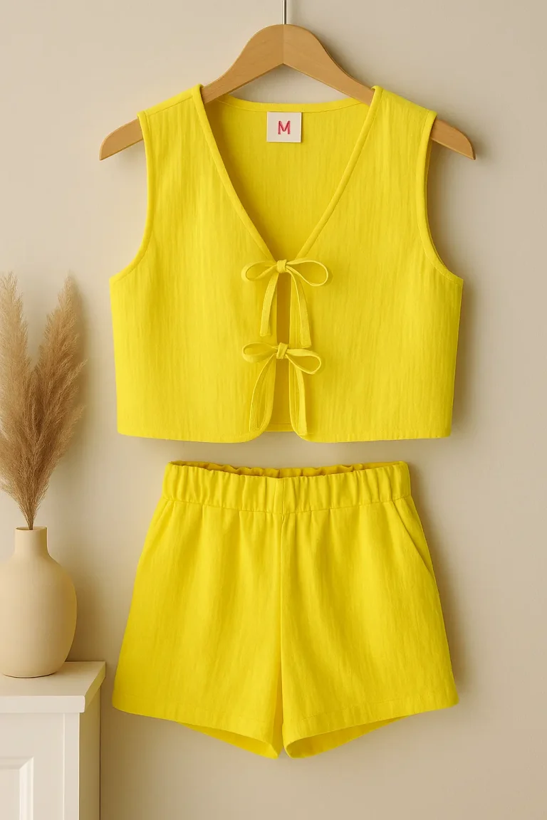 Askıya asılmış limon sarısı keten kadın alt-üst takımı; yanında dekoratif vazo ve pampas otlarıyla birlikte sade iç mekânda sergilenmiş.