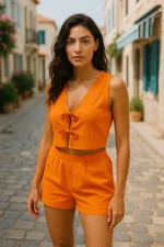 Portakal renkli keten alt-üst takımı giymiş bir kadın model, Arnavut kaldırımlı taş sokakta doğal ışıkta poz veriyor.