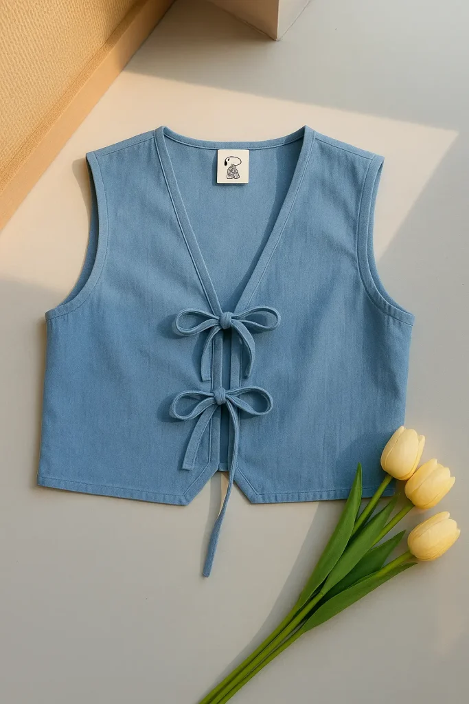 Açık okyanus mavisi renginde, iki fiyonk detaylı kadın keten yelek; yanında sarı lale çiçekleriyle birlikte düz yüzeyde sergilenmiş.