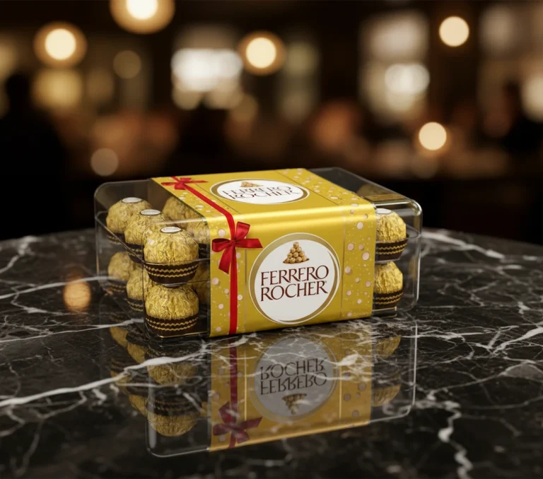Tayland’a hediye gönderim için özel paketlenmiş 30’lu Ferrero Rocher çikolata kutusu